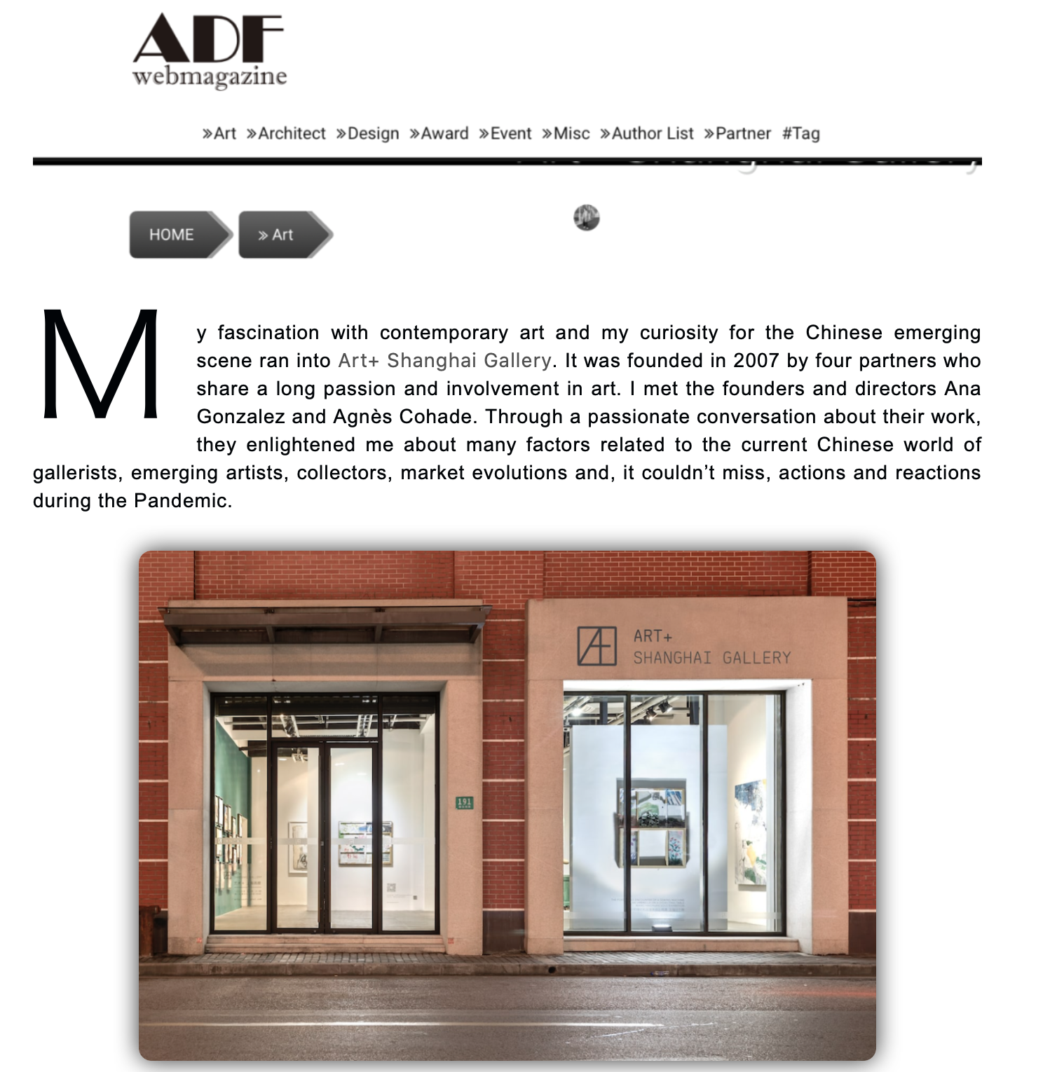 ENZA MIGLIORE Featuring Art+ Shanghai Gallery in ADF Magazine